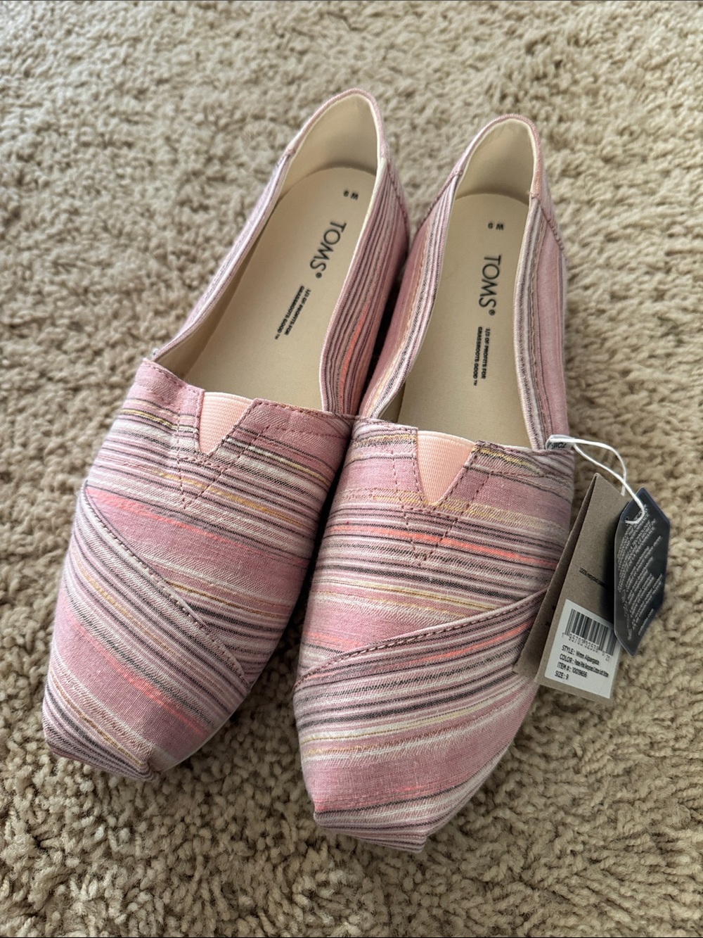 TOMS Pink Striped Canvas Slip-On Flats